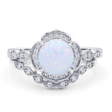 Round Floral Bridal Set Piece Vintage Style Fashion Ring Lab Created White Opal 925 Sterling Silver Wholesale